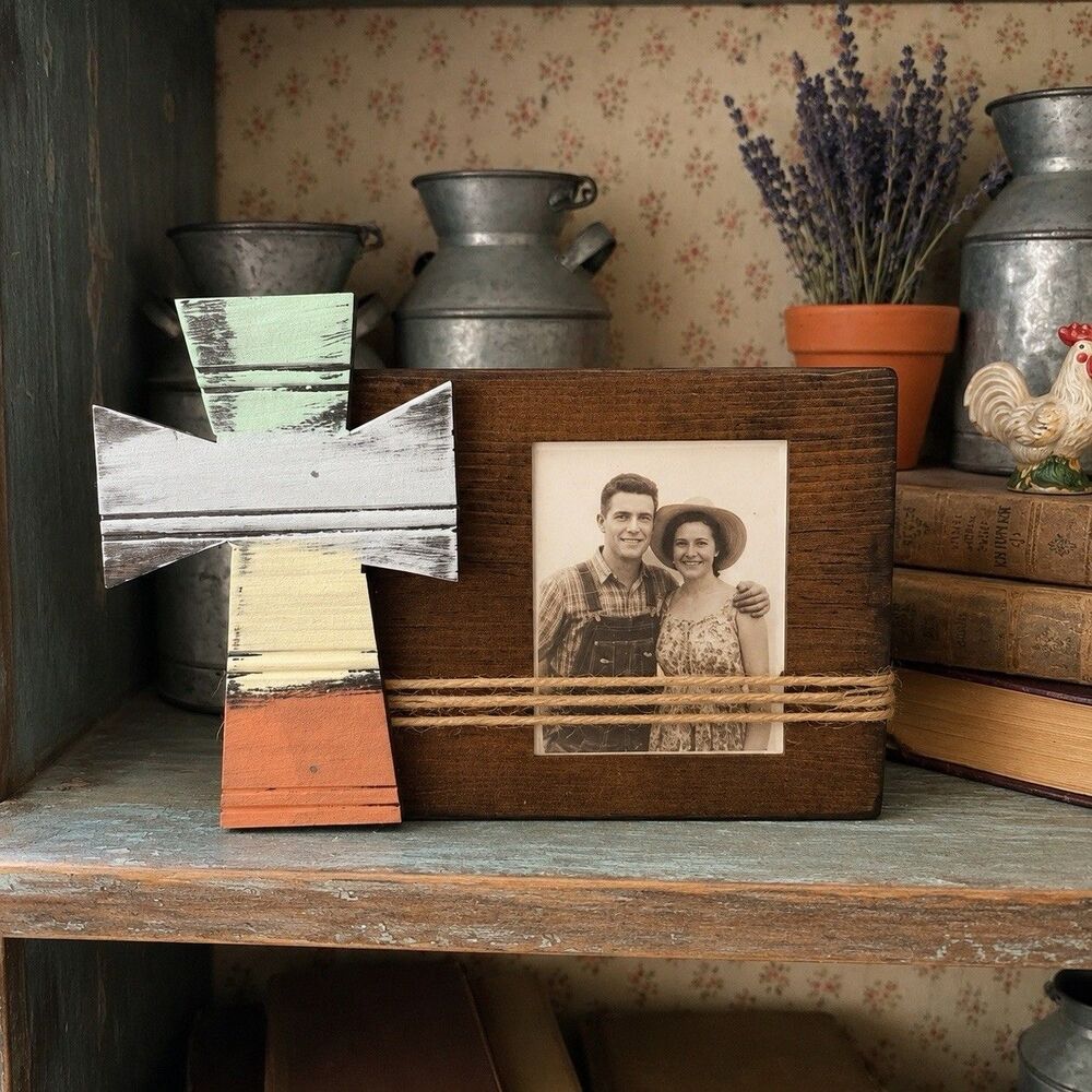 Rustic Cross Hand Painted Wooden Picture Frame Farmhouse Cottagecore Decor